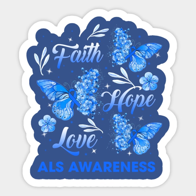 ALS Awareness Faith Hope Love Butterfly, Blue Ribbon Sticker by artbyGreen